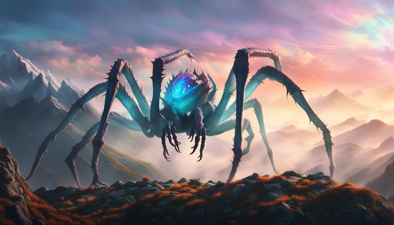 Giant Translucent Dragon-Spider Striding Across Mountains
