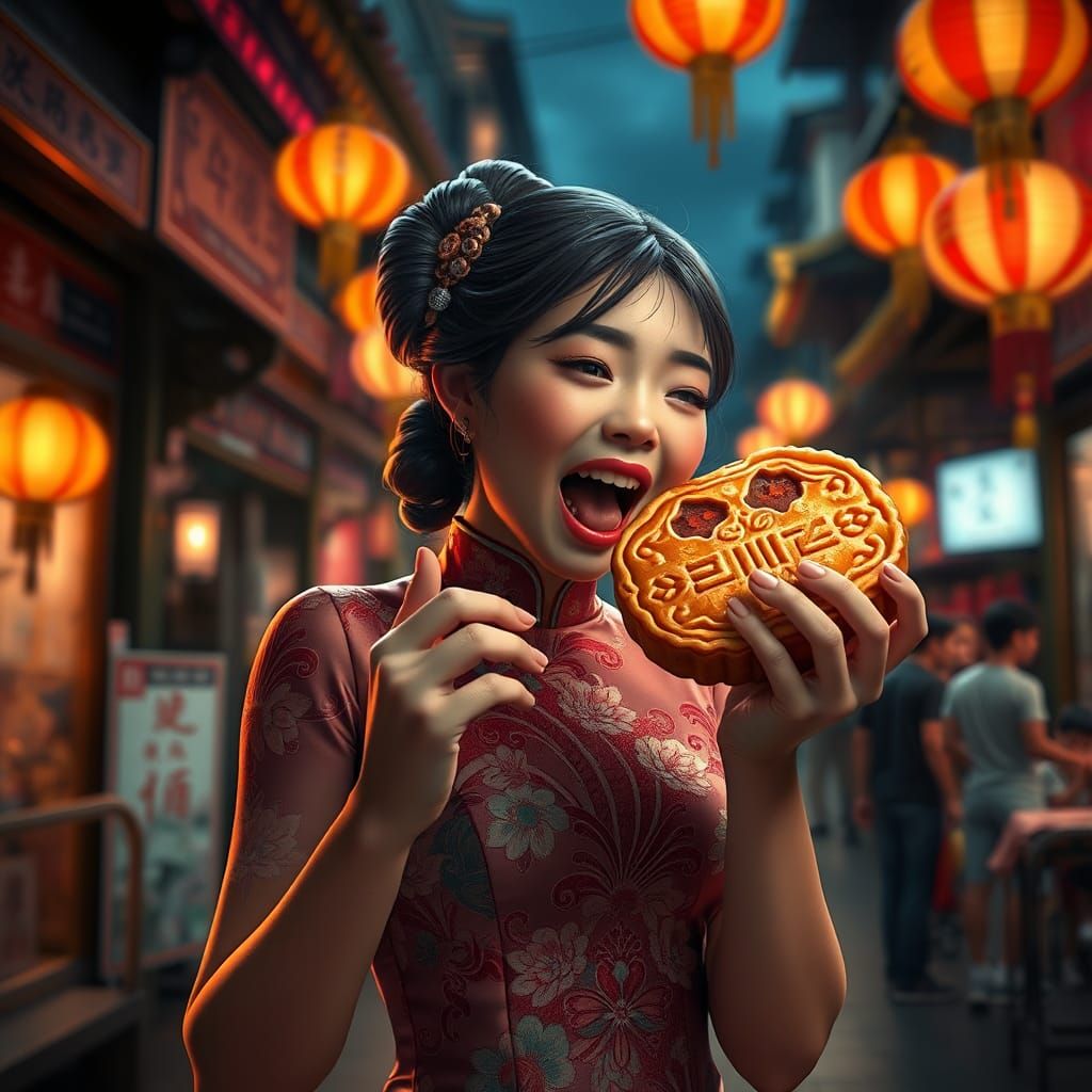 Girl in Cheongsam Eating Mooncake in Chinatown