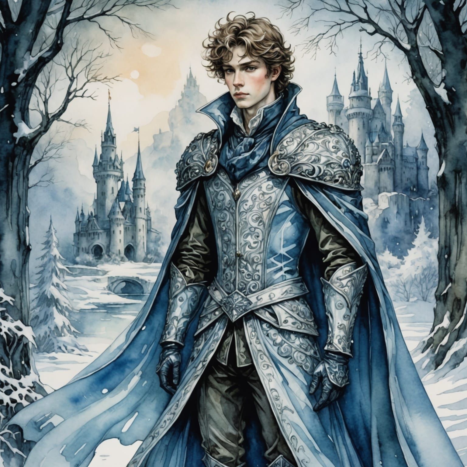 Fairytale Prince Ice Sculpture in Watercolor Style
