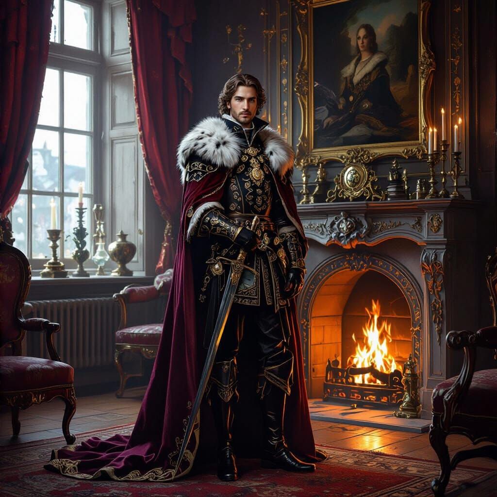 Noble Youth Poses for Portrait by Firelight