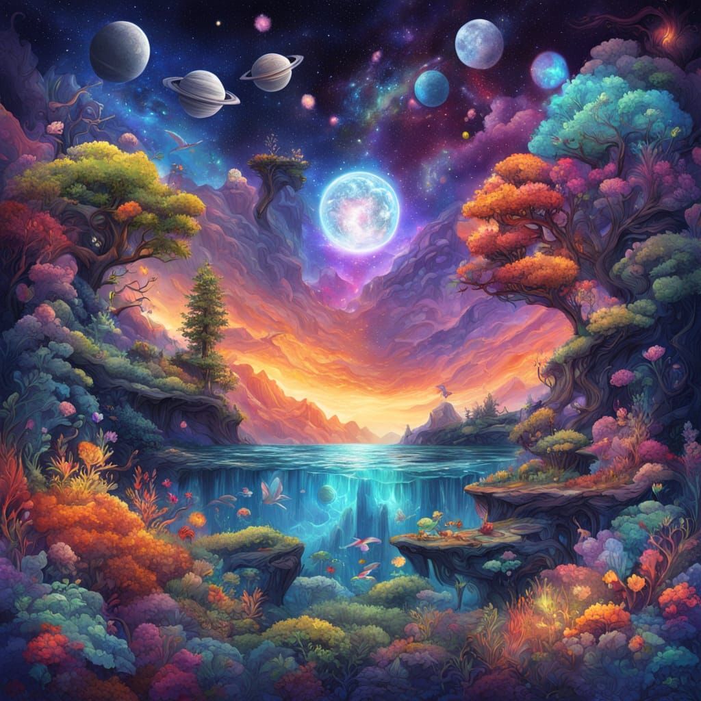 Vibrant Cosmic Landscape in Mixed Media