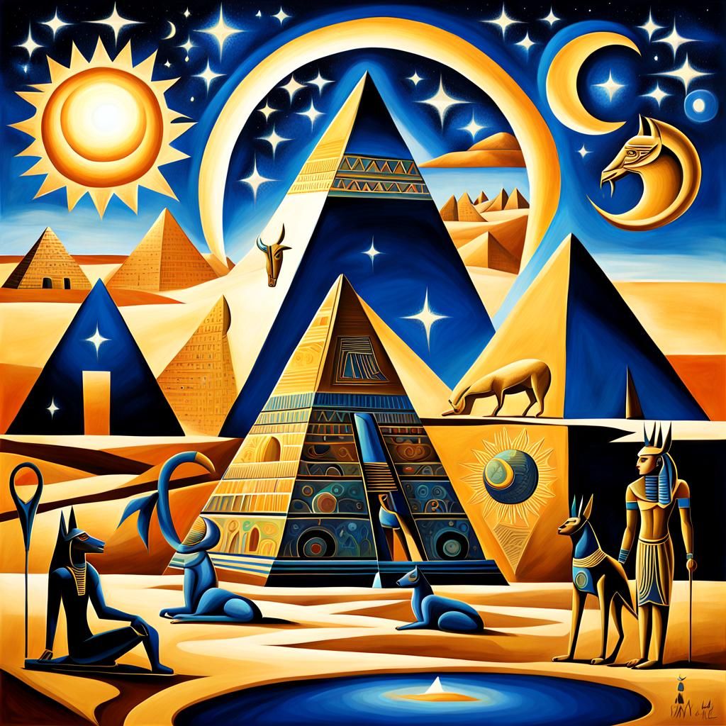 Surreal Cubist Dreamscape: Sphinx and Nile Pyramid