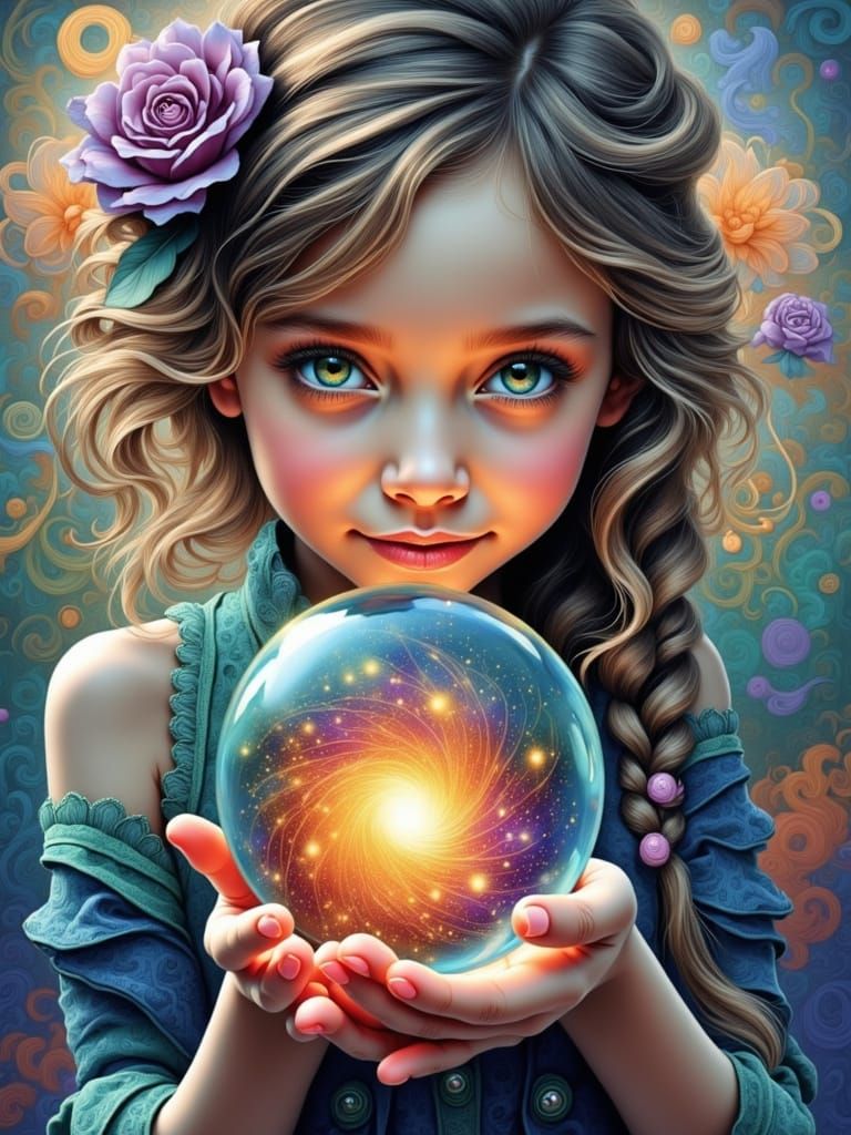 Whimsical Portrait of a Girl with a Magical Galaxy Marble