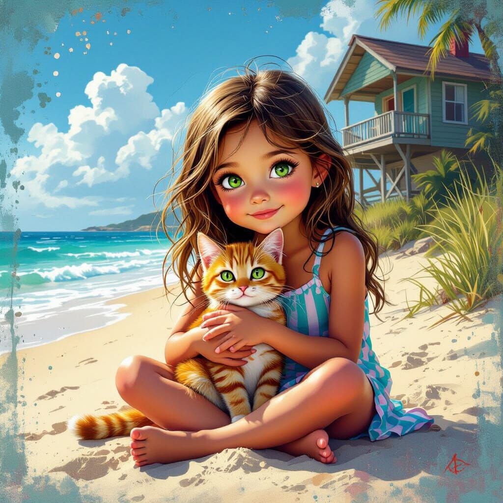 Girl with Ginger Cat on Beach in Graffiti Art Style