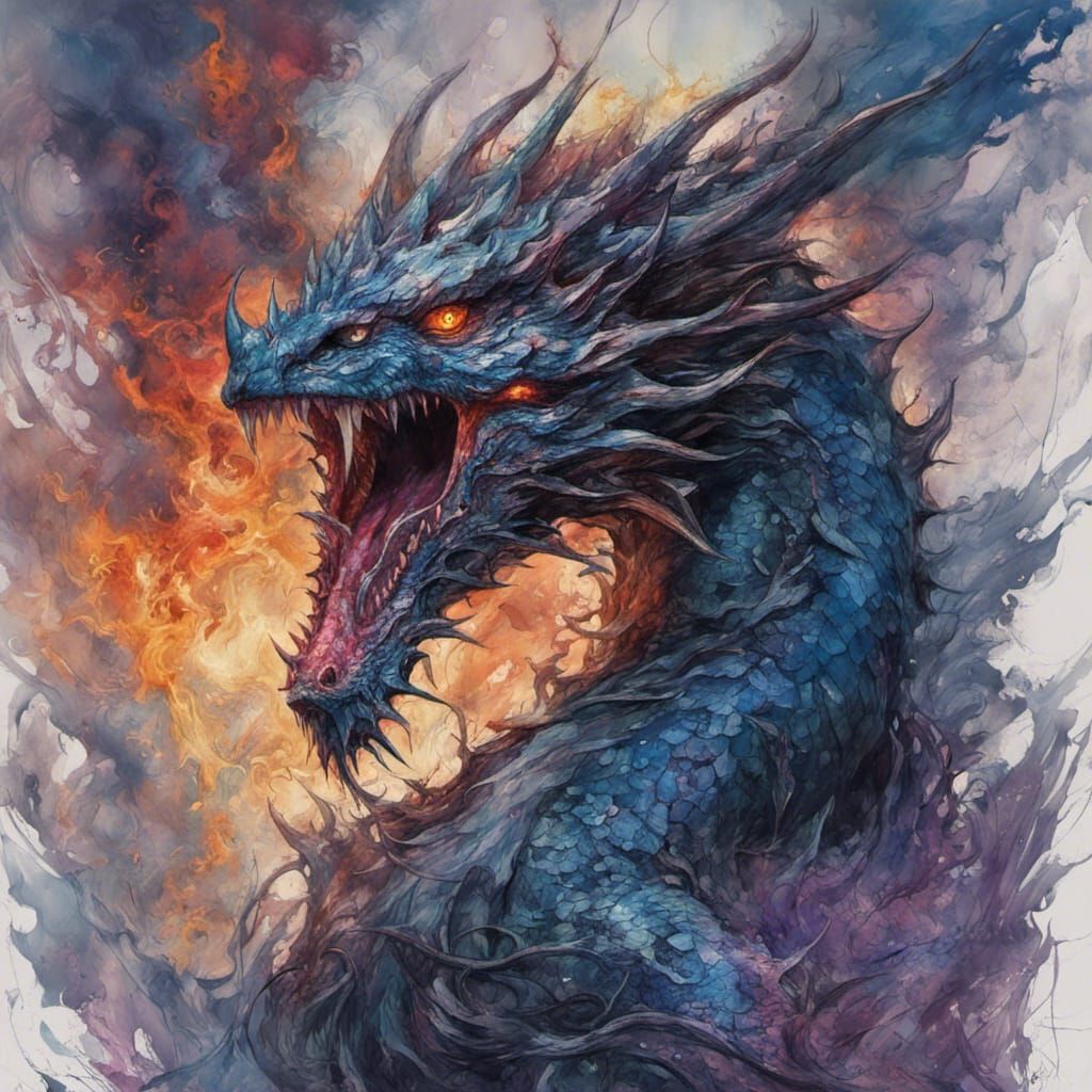 Majestic Dragon Over Burning Castle, Detailed Digital Art