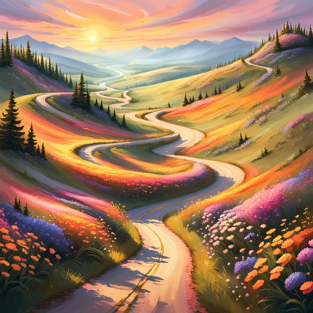 Winding Road at Sunset in Digital Art Style