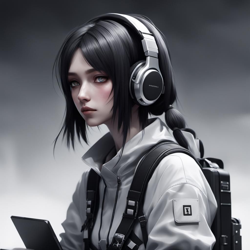 Monochrome Anime Girl Gamer in 3D Style