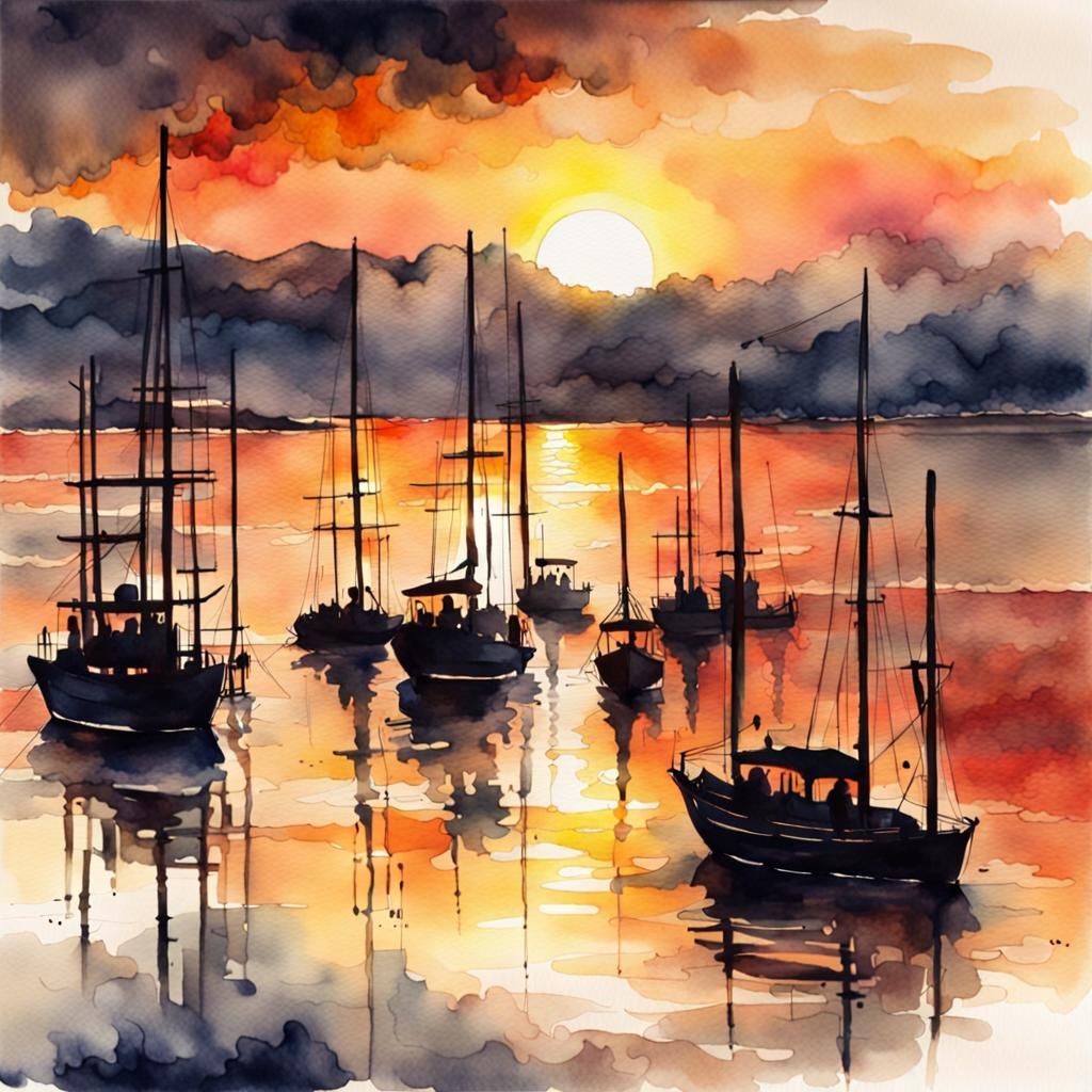 Dramatic Watercolor Sunset Over Serene Bay