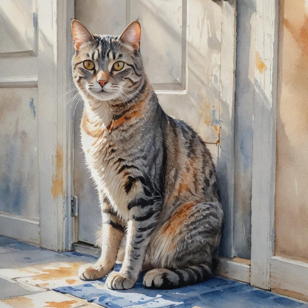 Grey Tabby Cat Waiting: Watercolor Painting