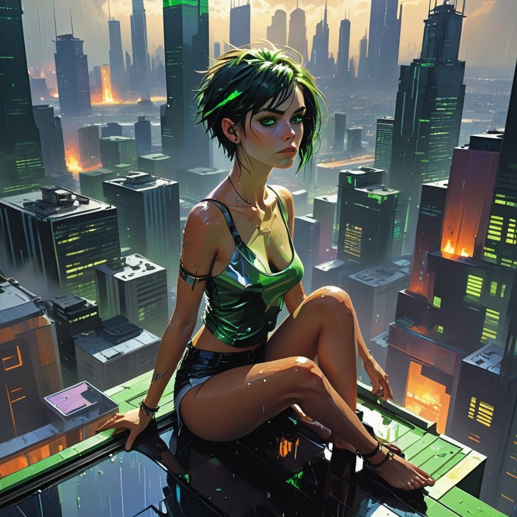 Dystopian Cityscape: Girl on Skyscraper in Cyberpunk Style