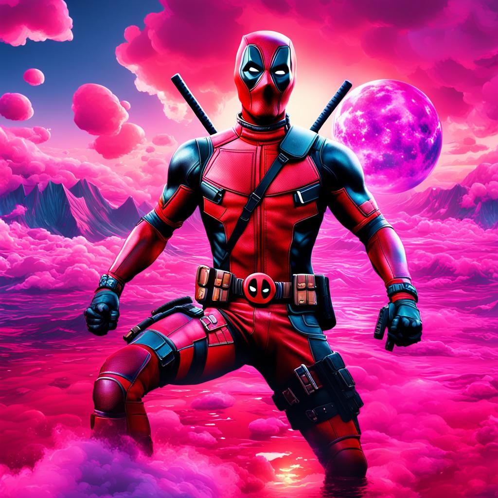 Deadpool in Vaporwave Style: Detailed Matte Painting