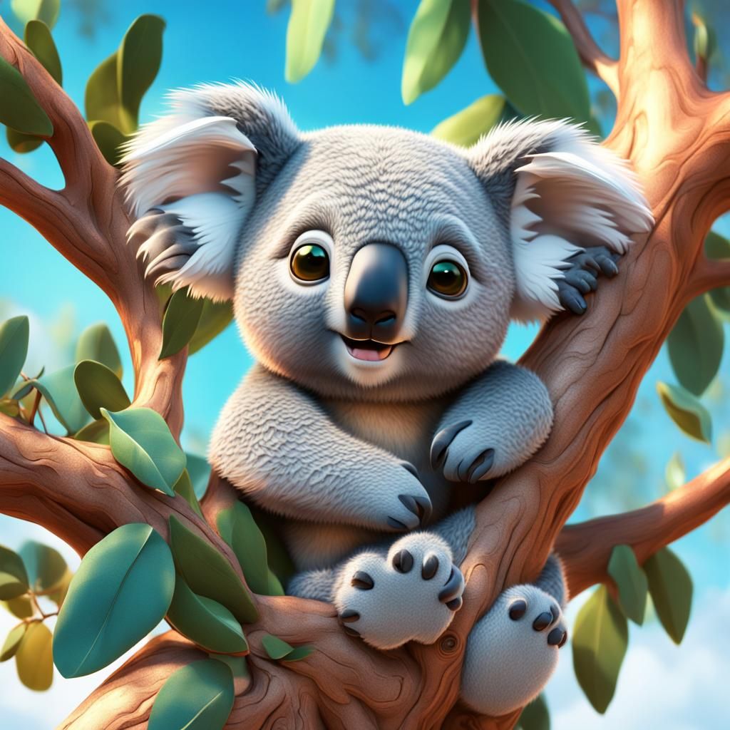 Adorable Koala in Gum Tree: 3D Digital Art