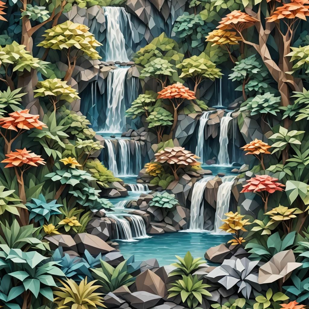 Majestic Waterfall Scene as Origami Paper Art