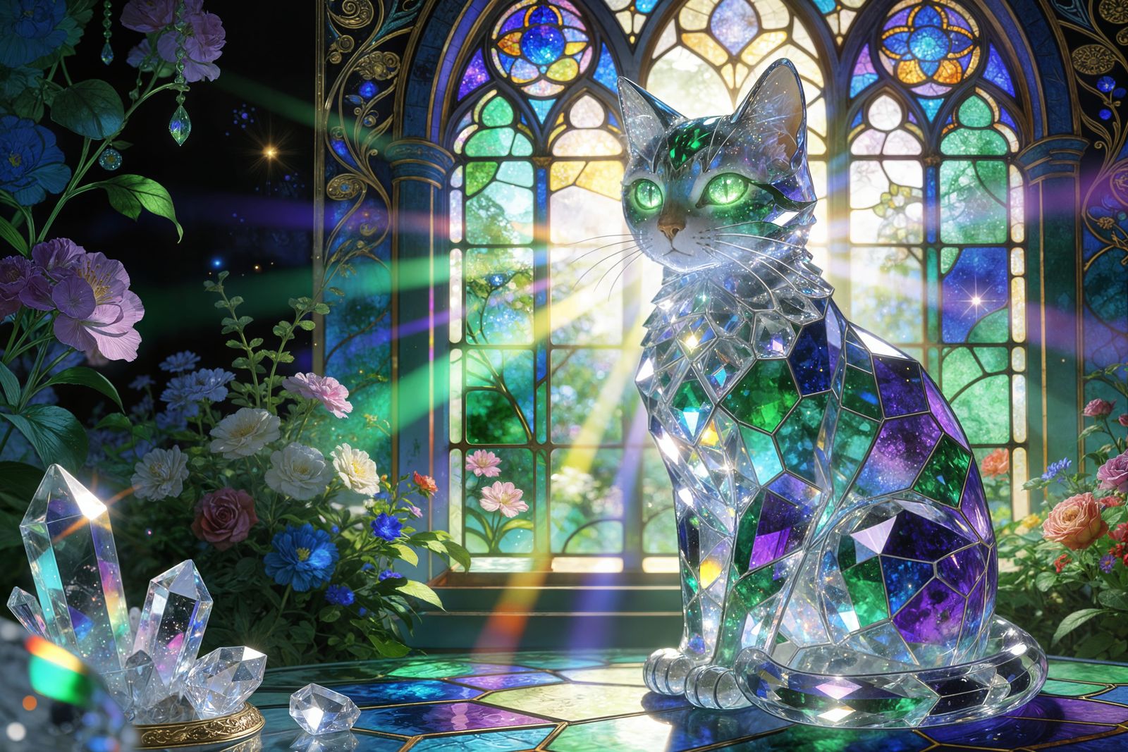 Crystalline Cat Oracle Before Gothic Stained Glass