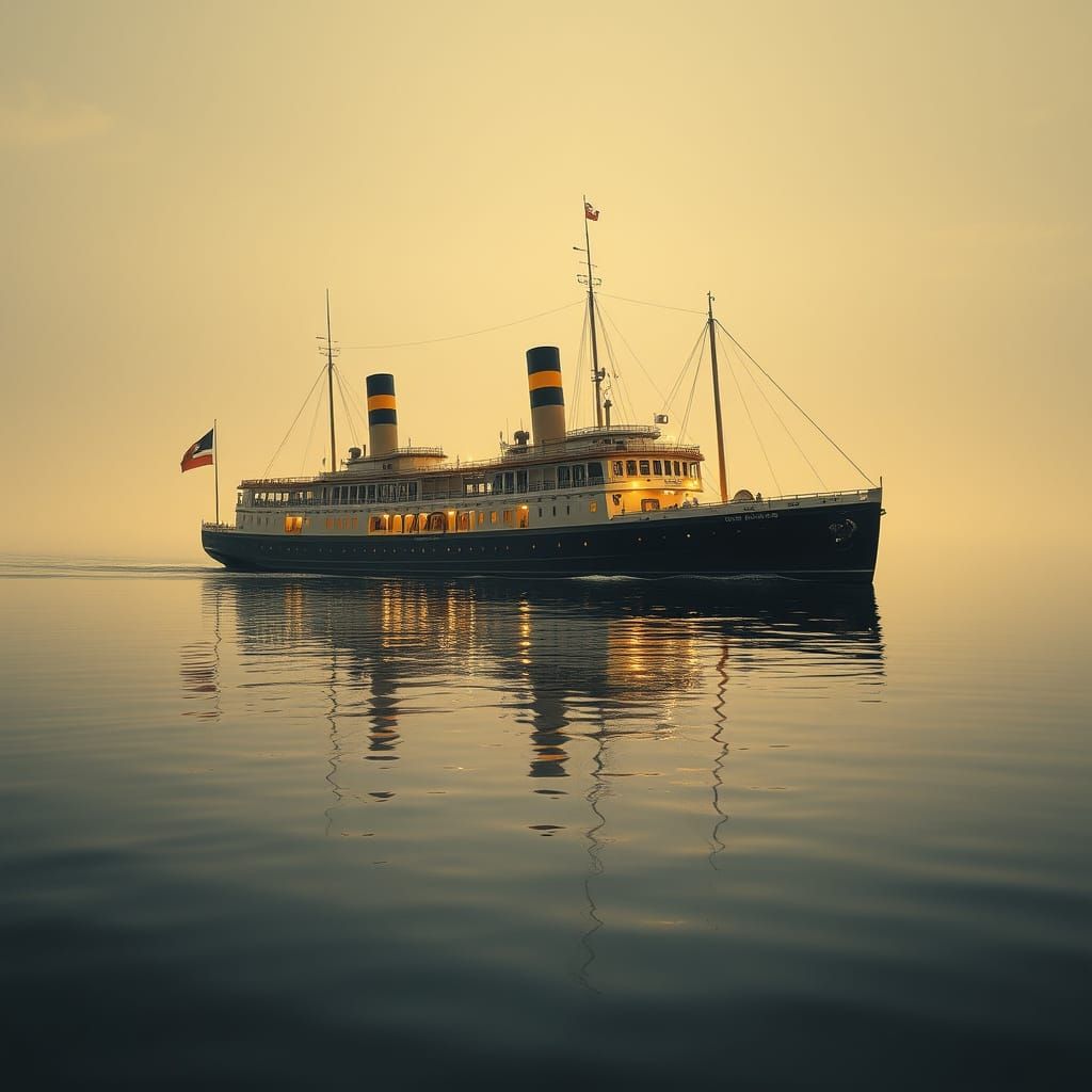 Luxurious Ship on Serene Lake: Photorealistic 1900s Style