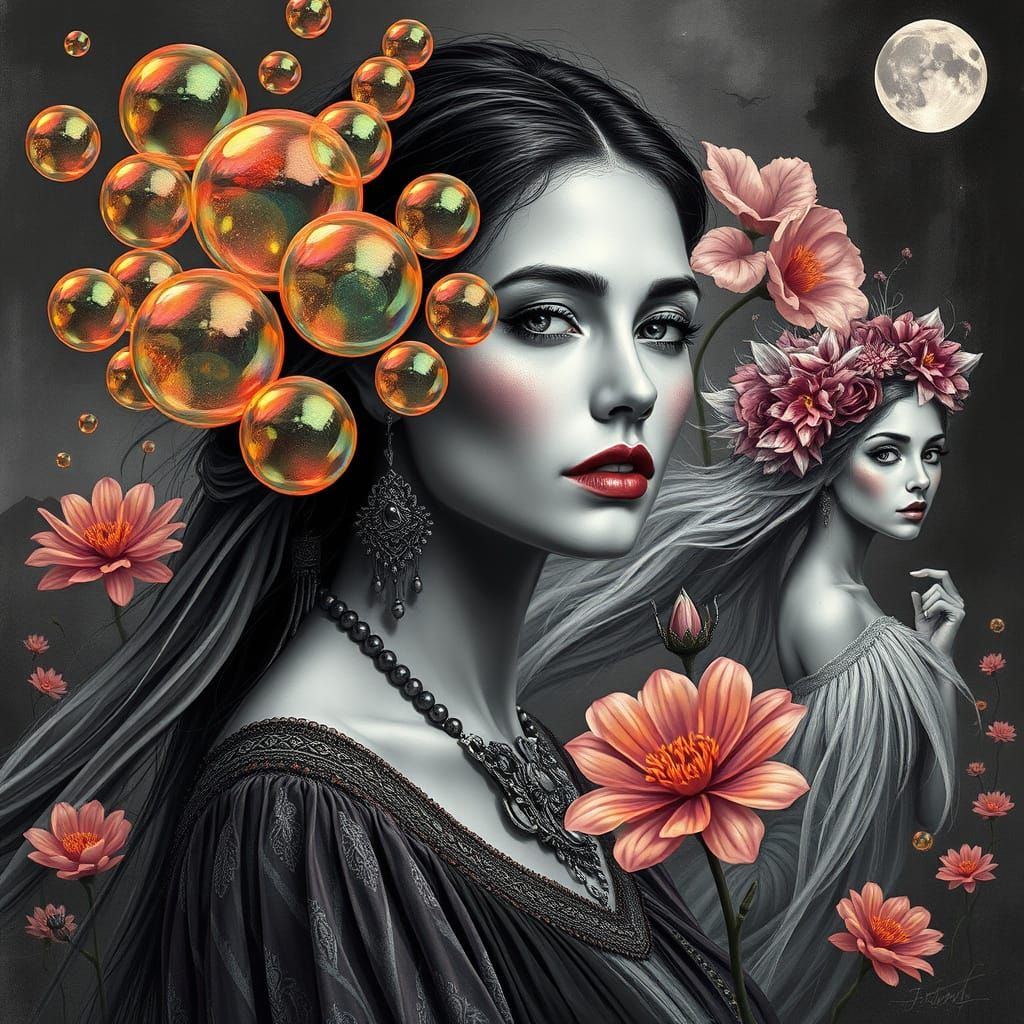 imagine a portrait of a woman with her face partially obscur...