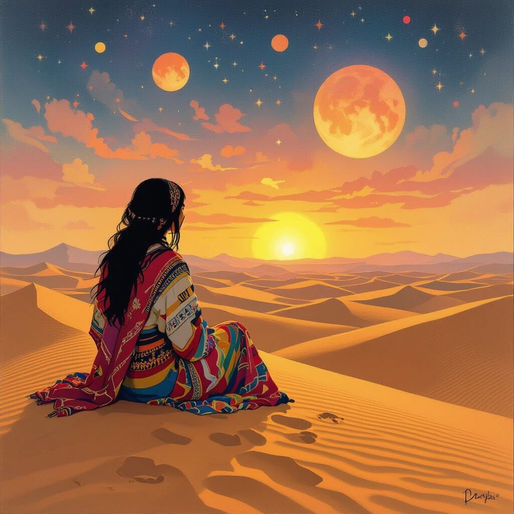 Berber Woman Gazing at Cosmic Sunset: Art Deco Style