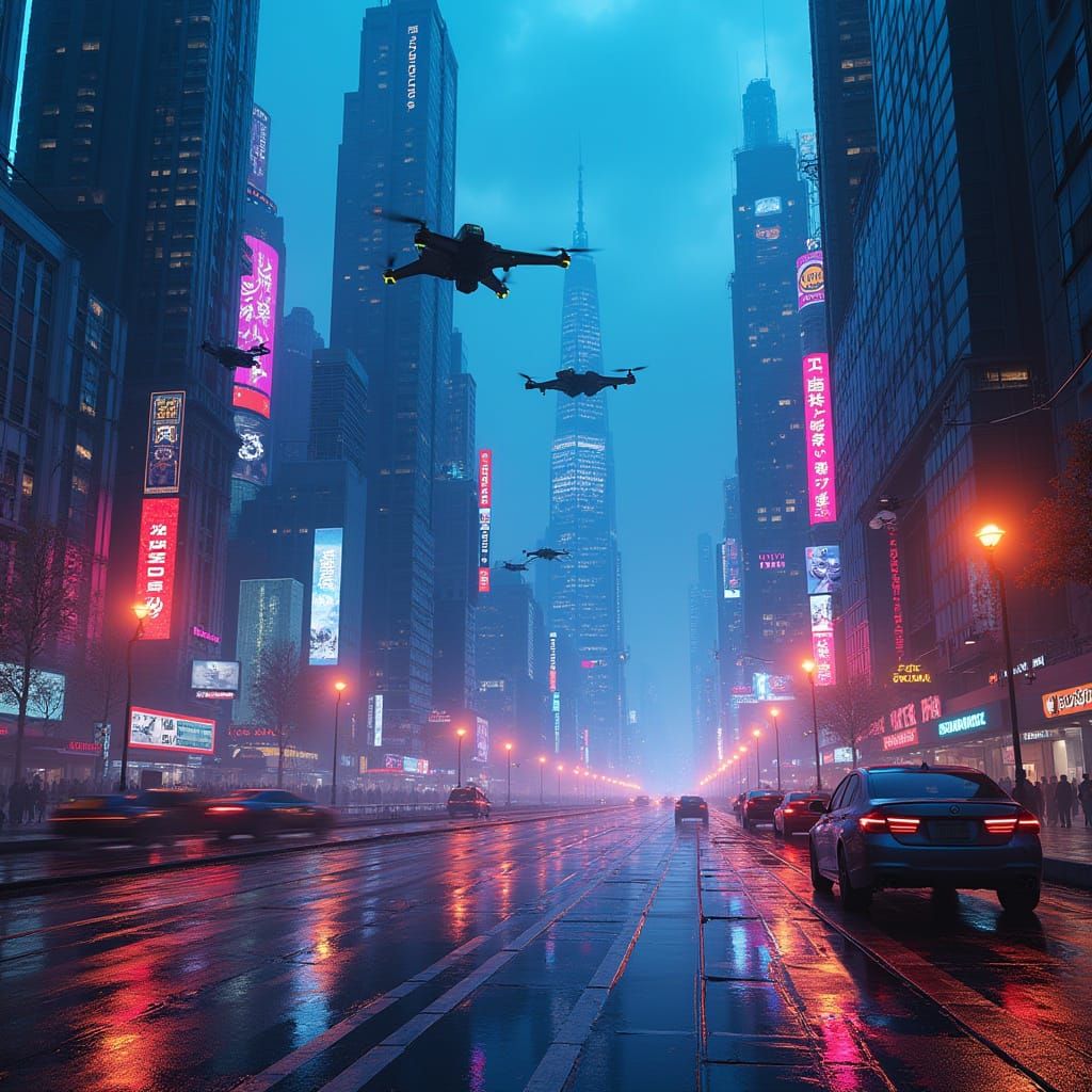 Cyberpunk Cityscape in Electric Blue and Purple Hues