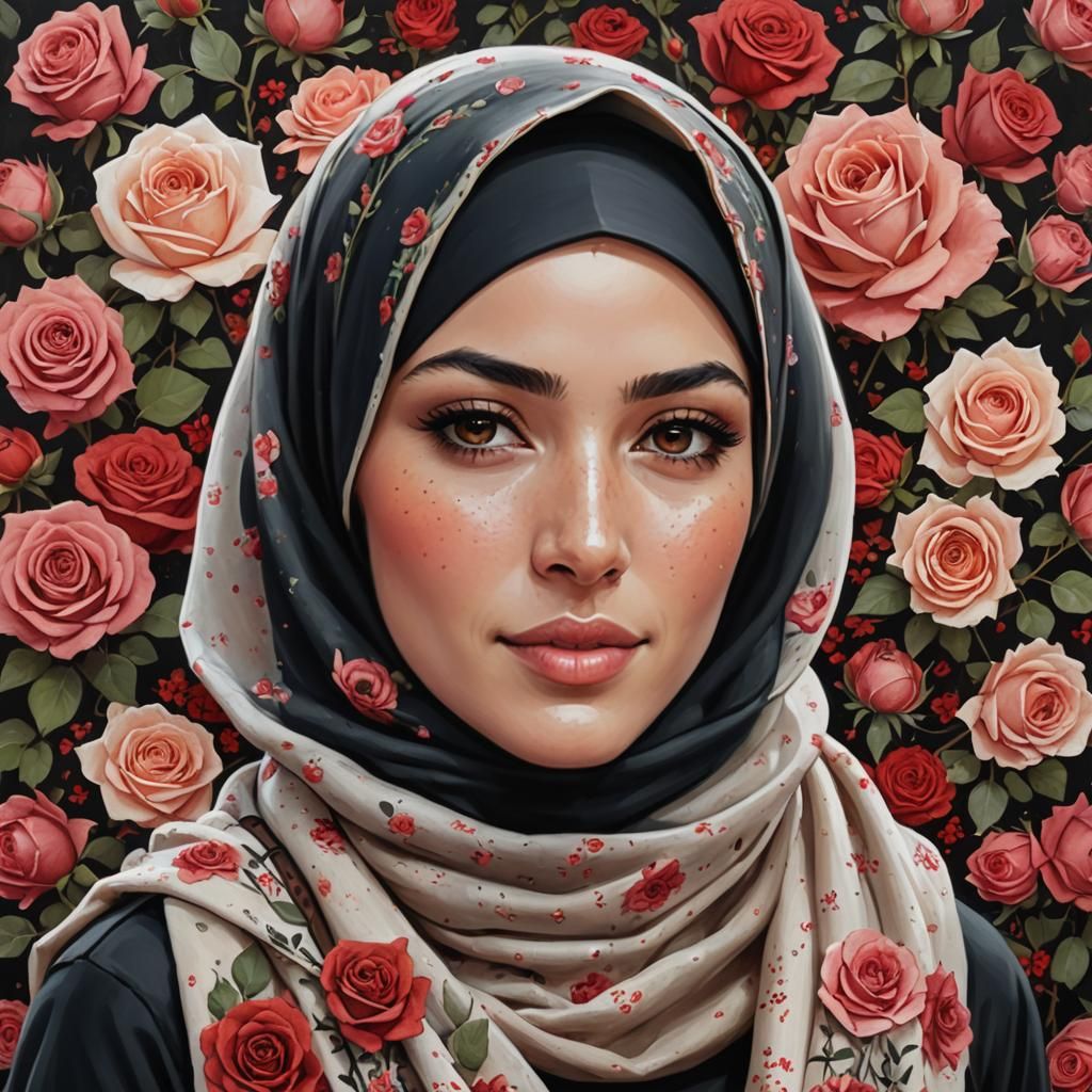 Pretty Hijabi Girl Portrait with Roses Background
