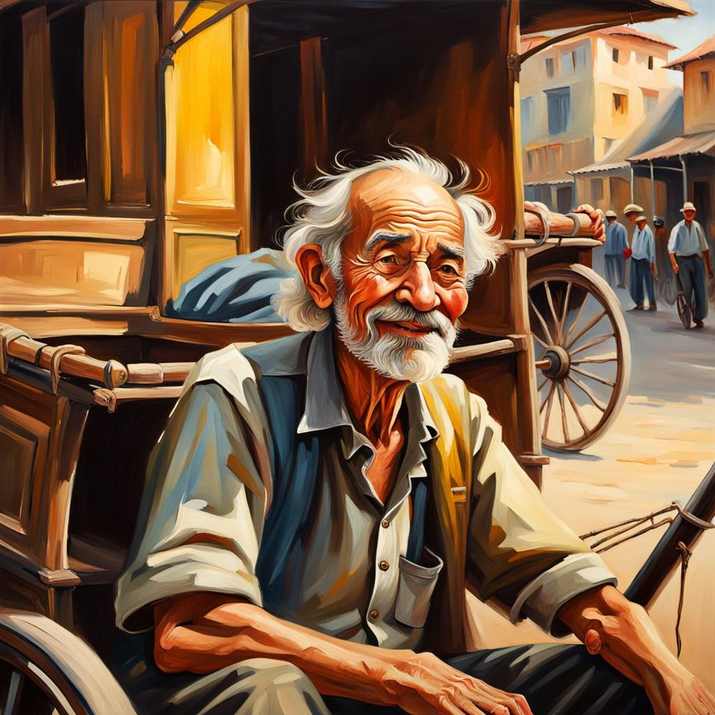Patient Old Man in Rickshaw: Oil Painting