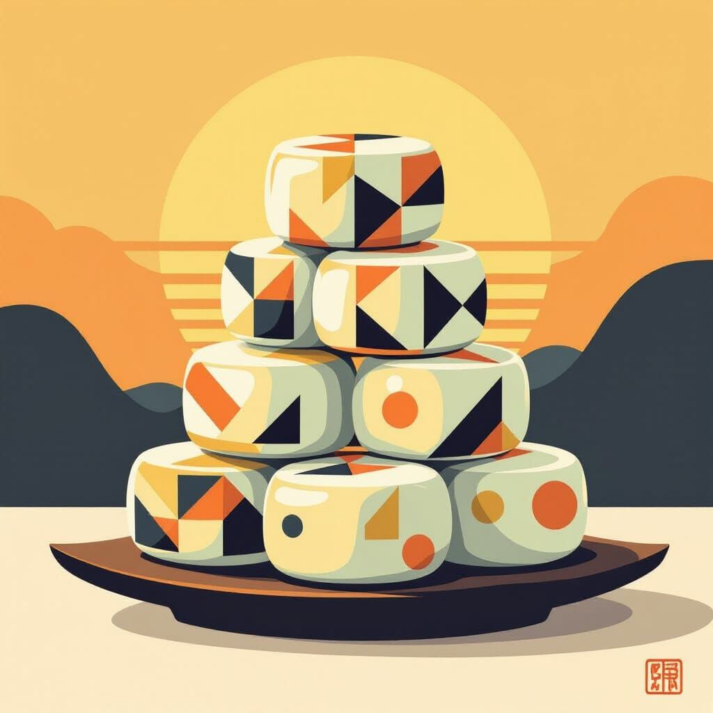 Mochi Stack Poster in Modernist Japanese Style