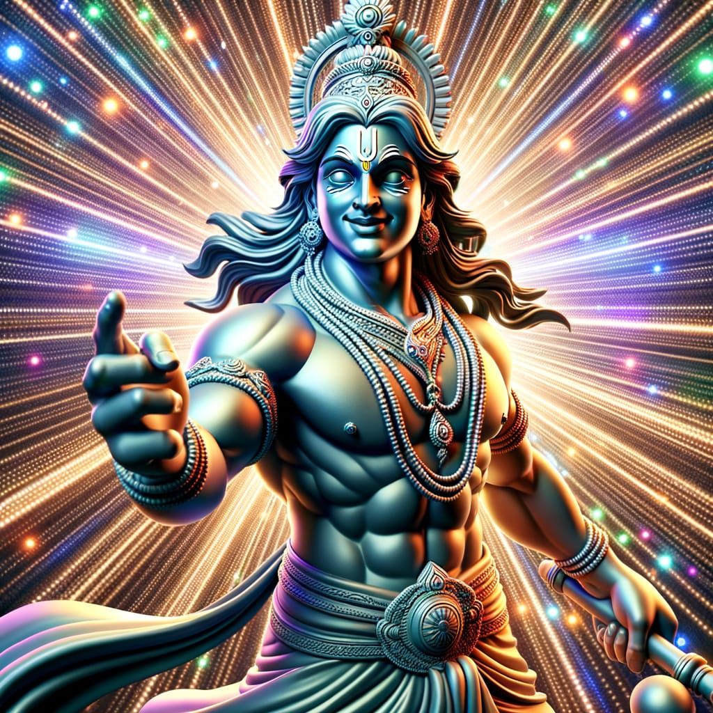 Aggressive Yet Smiling Krishna in Digital Art