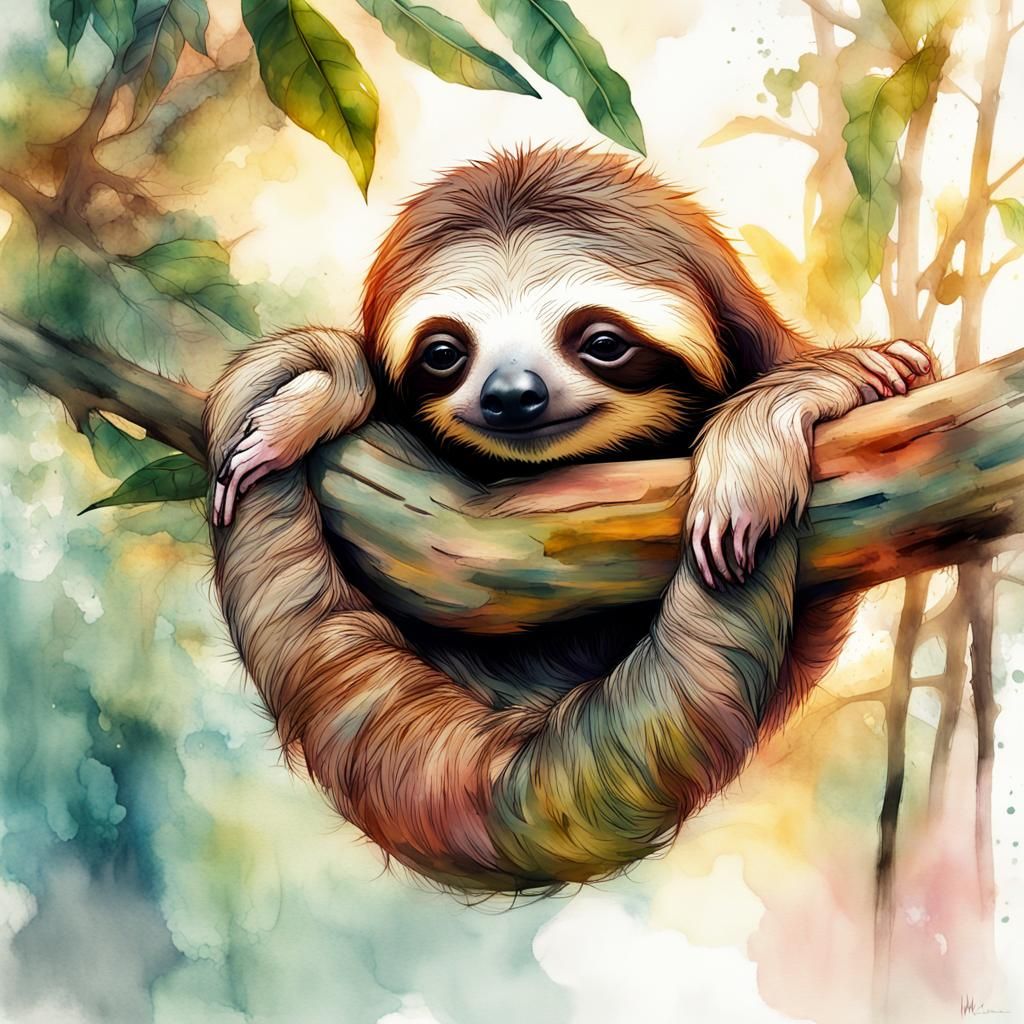 Baby Sloth Asleep in Jungle Watercolor Illustration