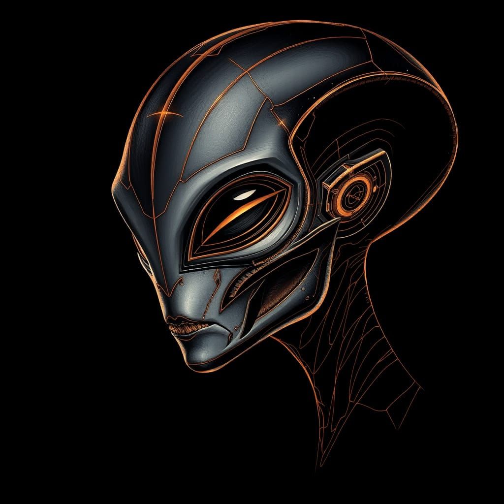 Sleek Futuristic Alien in Copper Scratch Art