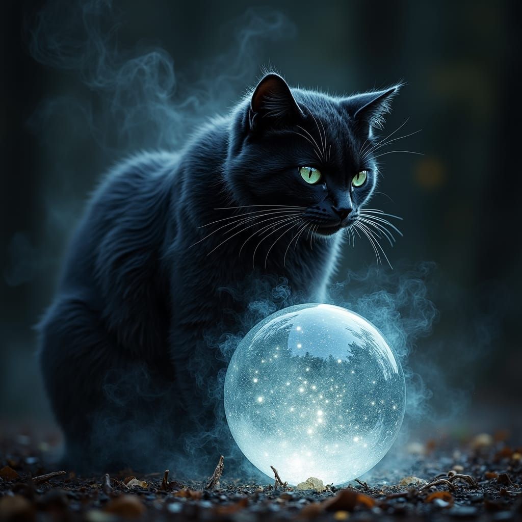 Black Cat Gazing into Crystal Ball: Fantasy Art