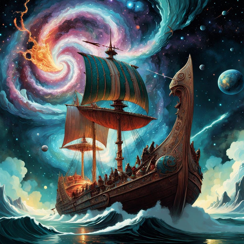 Ethereal Viking Longship Sails Cosmic Galaxy