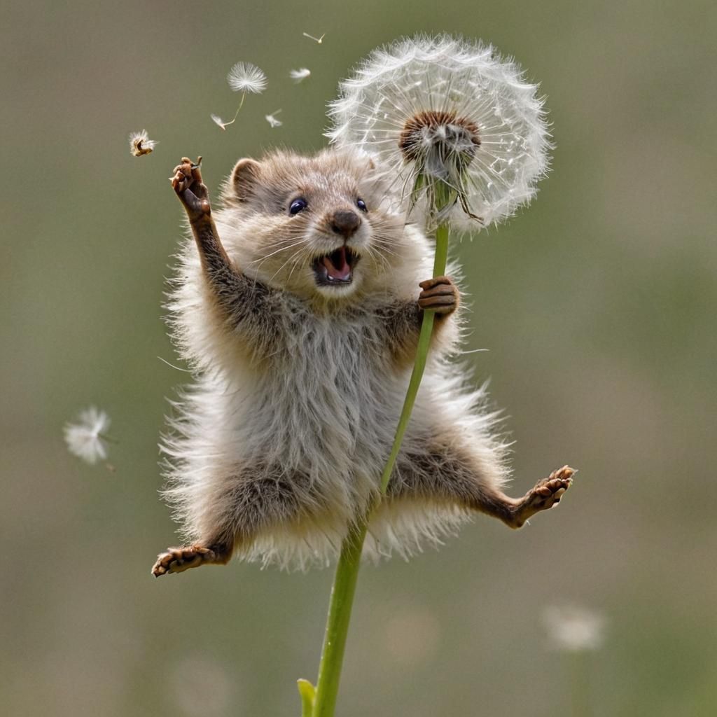 Fuzzy Critter Leaps on Blooming Dandelion in Vibrant Colors
