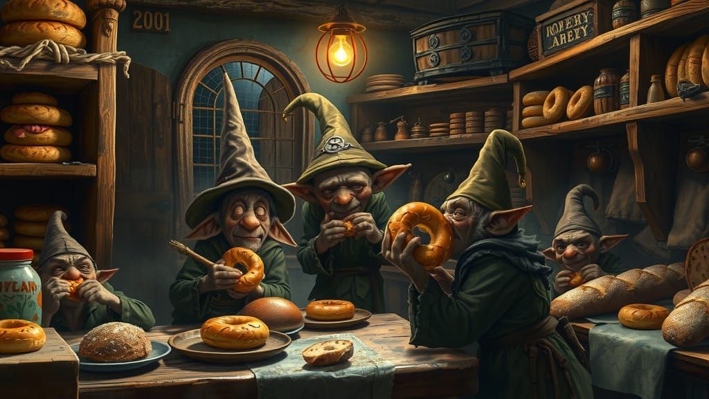Goblins Devour Bagels in a Medieval Bakery