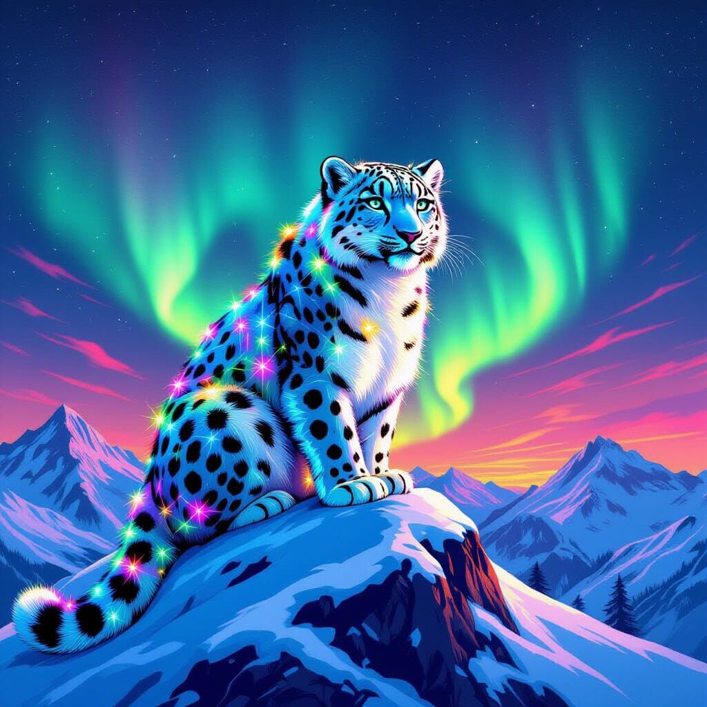 Snow Leopard with Geometric Patterns and Neon Lights