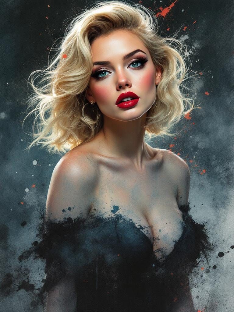 1950s Pin-Up in Whiskey-Splatter Watercolor Style