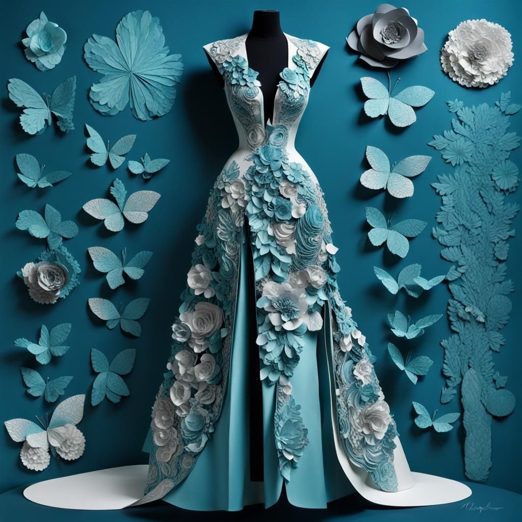 Paper Collage Fine Art :: Alexander McQueen (Full Length Evening Gown, 1:4) :: (Dark Blue Turquoise Paper, 1:3) :: 3d...