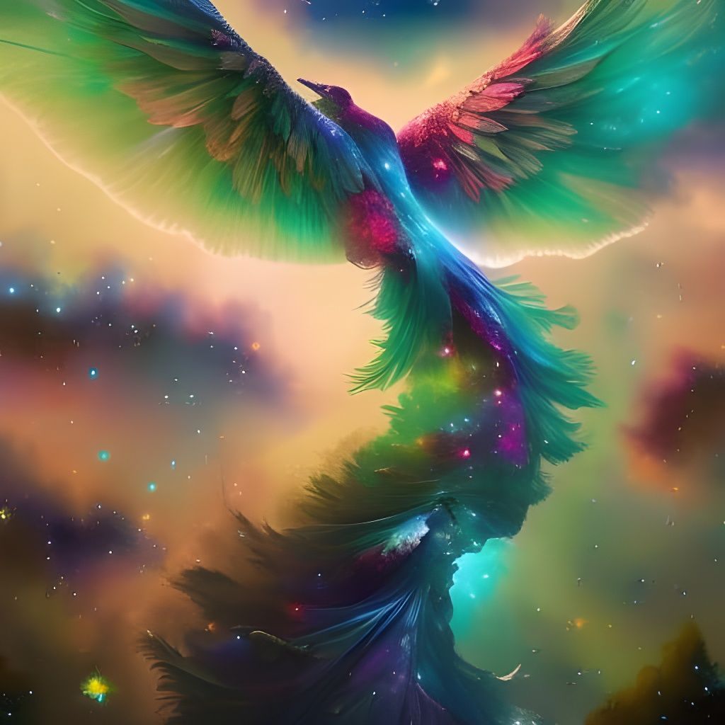 Iridescent Druid Among Stars in Photorealistic Style