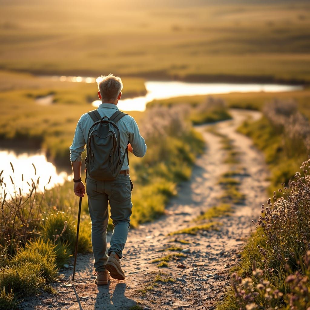 Hiker on Forest Path with Sunlight, Naturalistic Photography