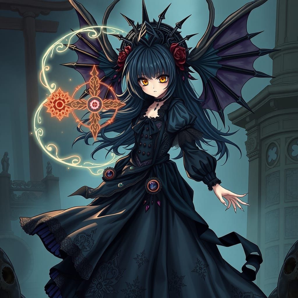 Gothic Magical Girl in Dark, Mystical Anime Style