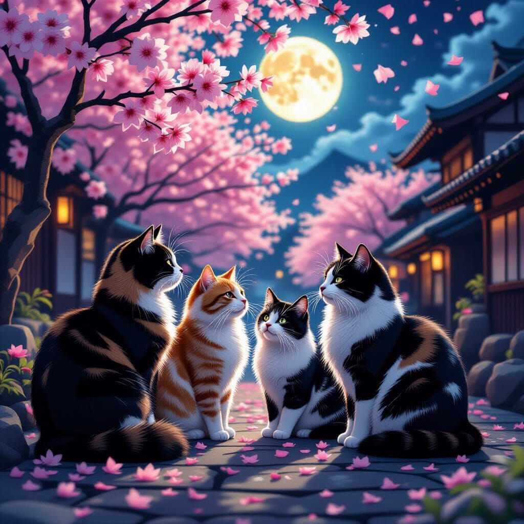Cyberpunk Cats Under Cherry Blossoms at Night
