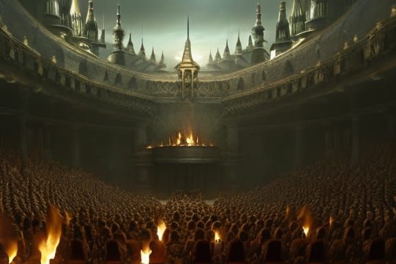 Dramatic Torches Light Crowded Theatre: Digital Matte Painti...