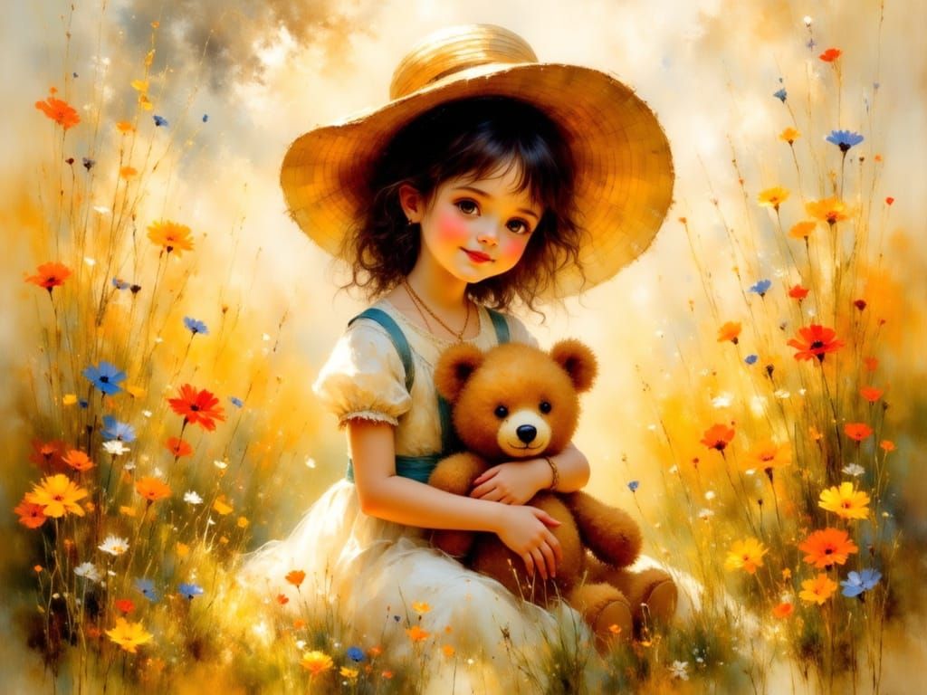 Young Girl With Teddy In Sunlit Meadow