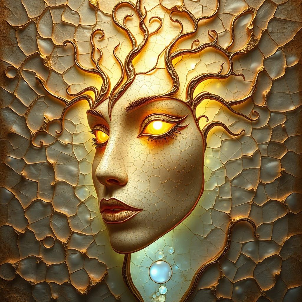 Abstract Raku Gold Face with Art Nouveau Elements