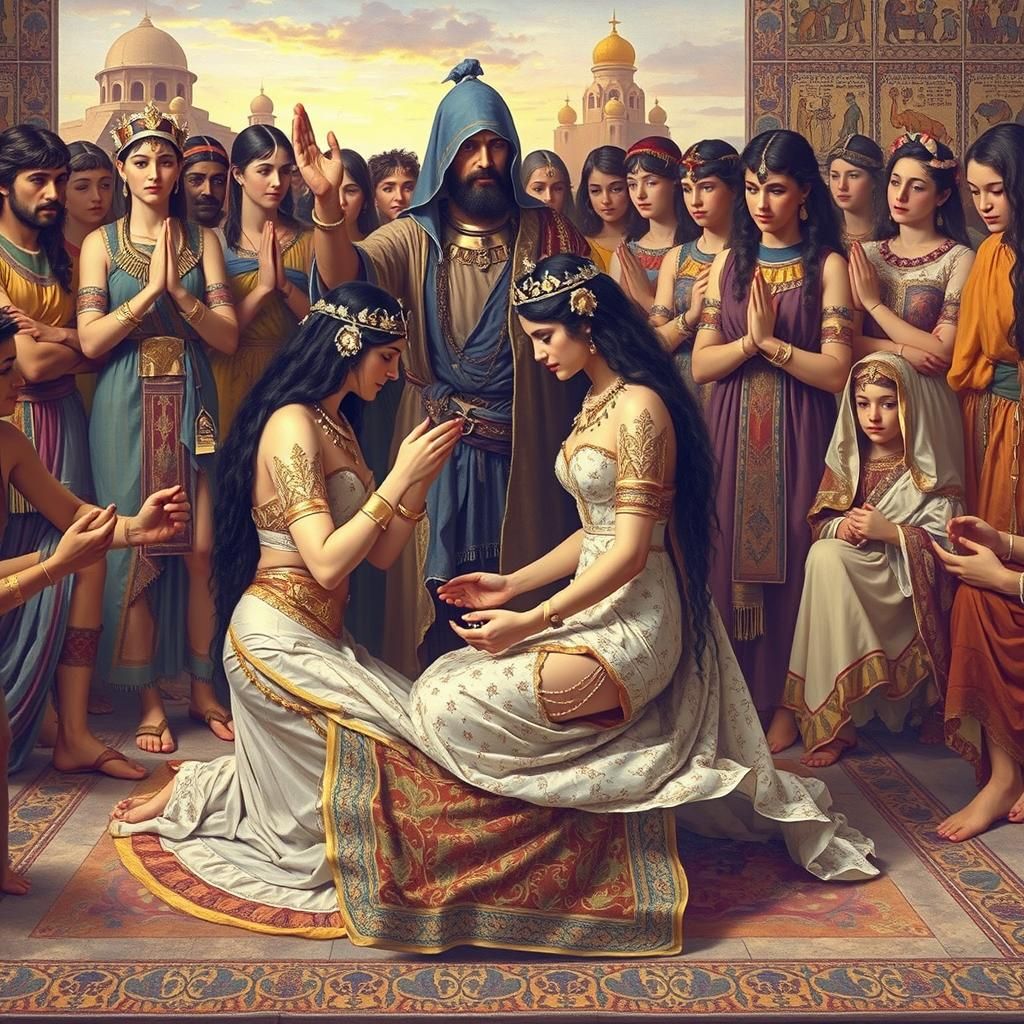 Mesopotamian wedding: The two brides are kneeling before the priest