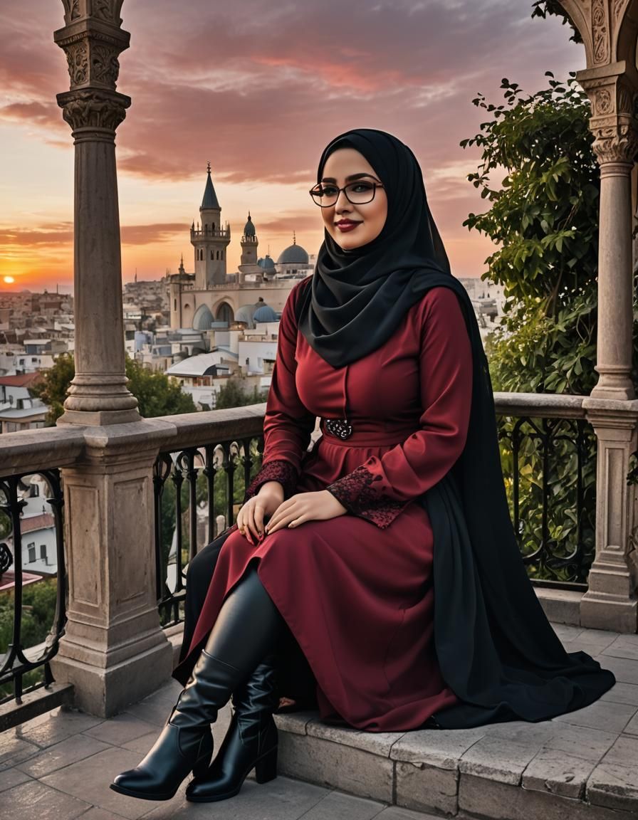 Gothic Hijabi Woman Portrait at Sunset in Pop Art