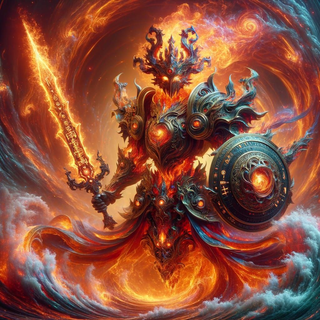 Magma Avatar with Runed Sword in Fantasy World