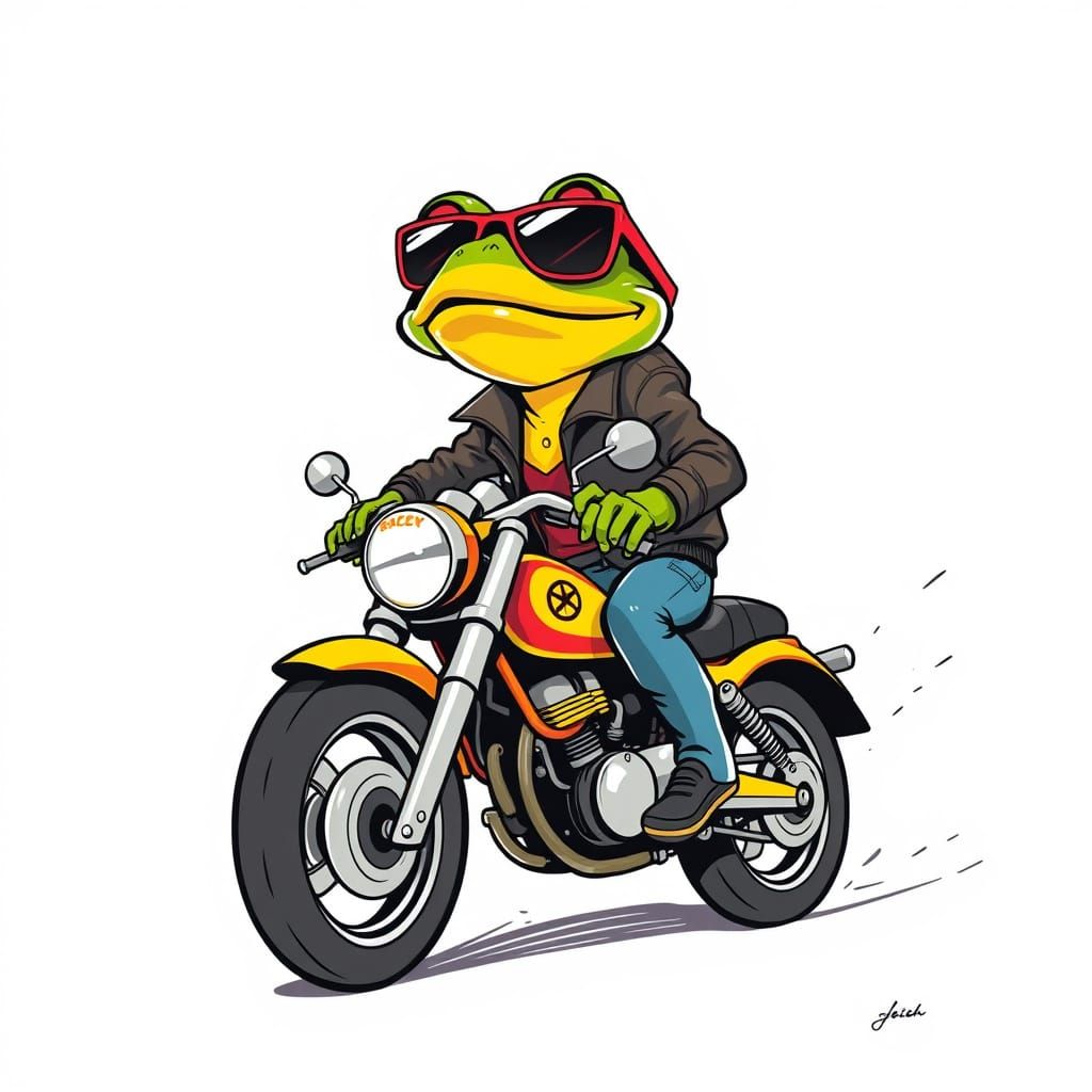 Cartoon Frog Rides Motorcycle in Ashley Wood Style