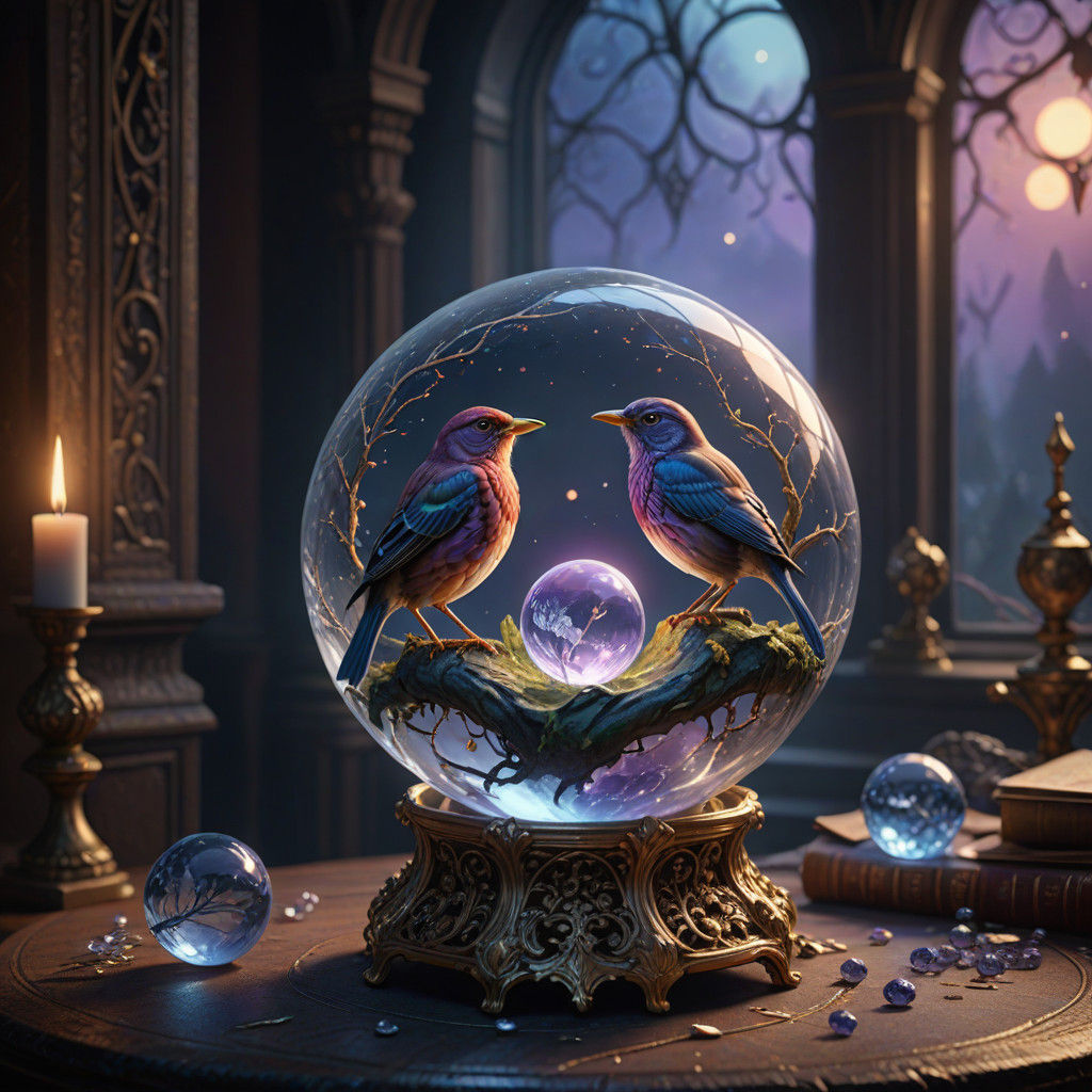 Surreal Birds Perched on a Crystal Ball in Vibrant Oil Paint...