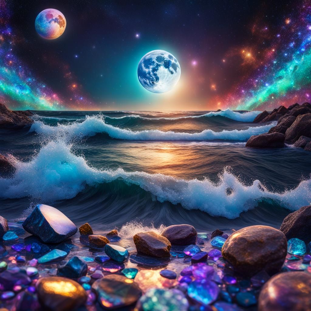 Gemstone Ocean Wave Under Cosmic Sky