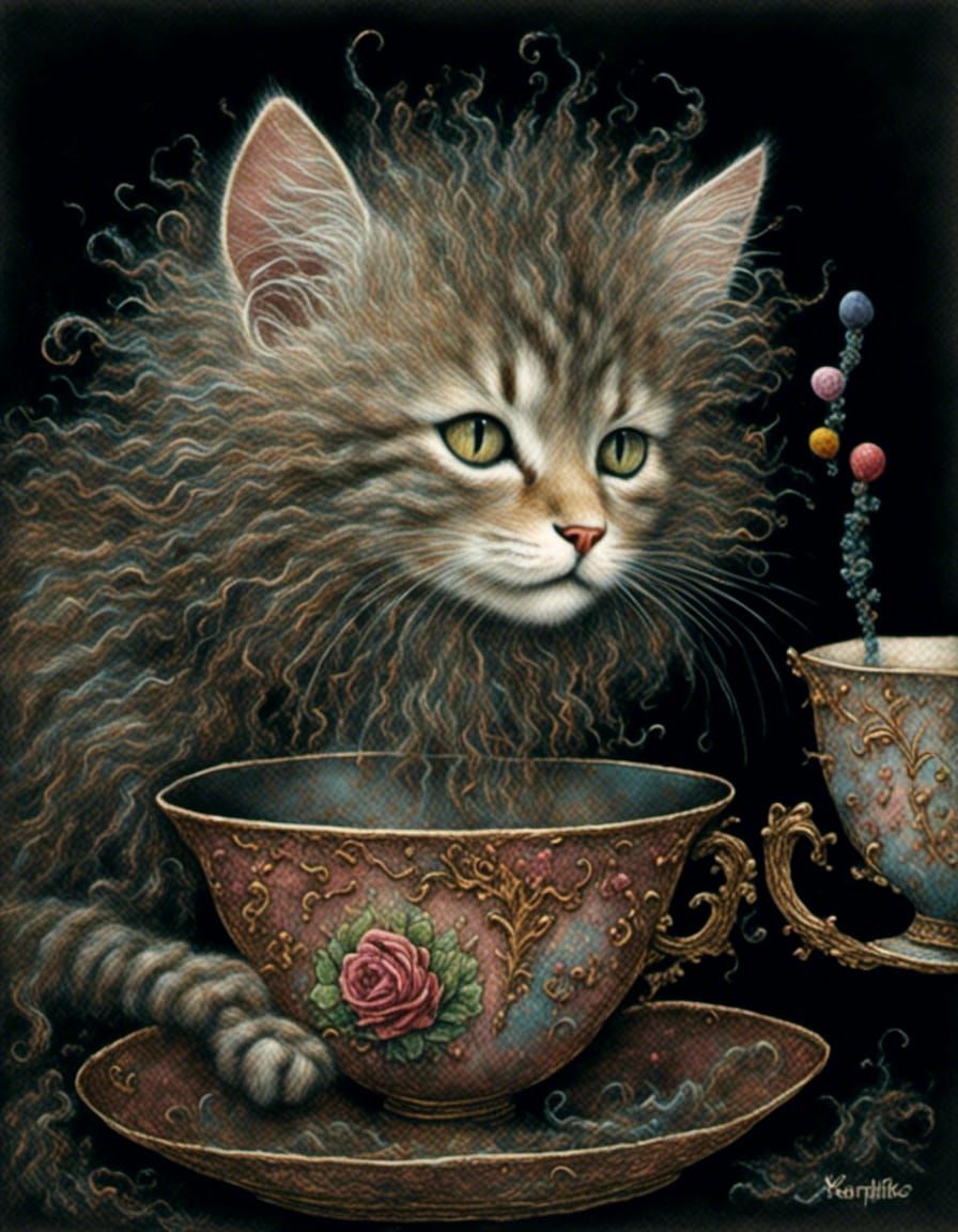 Kitten in Teacup: Detailed Colored Pencil Sketch