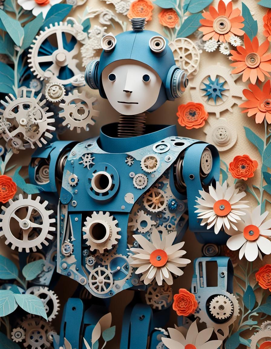 Whimsical Robot in Cut Paper Collage Style